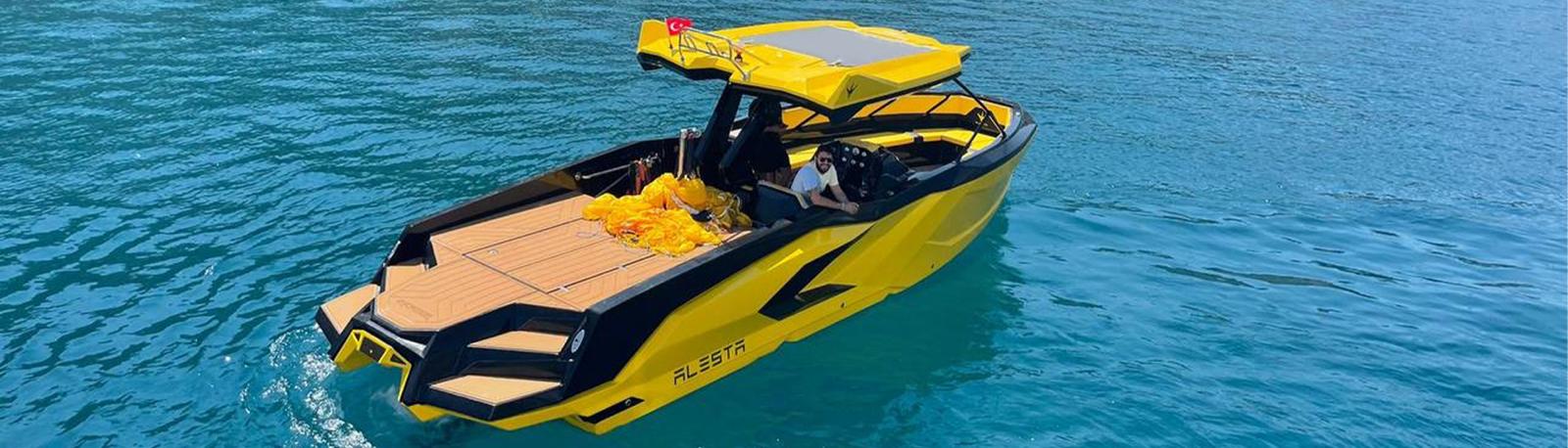 Yellow Anılgan speed boat from above